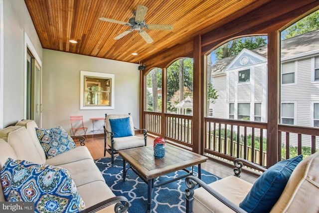 2371 N Edgewood St, Arlington, VA 22207 - sunroom featuring wood ceiling, outdoor lounge area, a ceiling fan, and wood finished floors