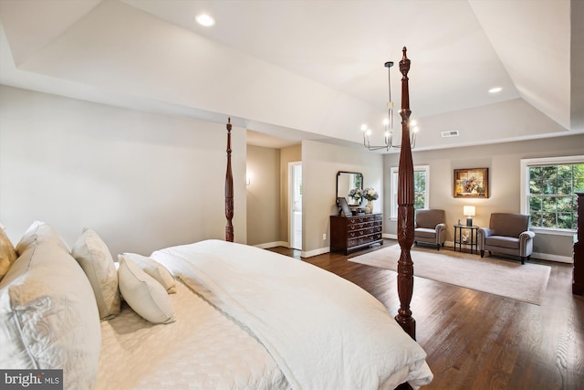 2371 N Edgewood St, Arlington, VA 22207 - bedroom with recessed lighting, a raised ceiling, baseboards, dark wood-style floors, and a chandelier