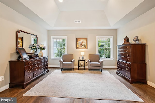 2371 N Edgewood St, Arlington, VA 22207 - sitting room featuring healthy amount of natural light, a raised ceiling, and dark wood-style flooring