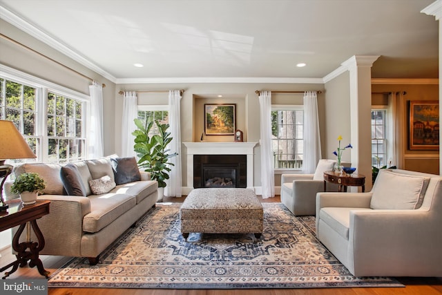 2371 N Edgewood St, Arlington, VA 22207 - living room with plenty of natural light, crown molding, wood finished floors, a glass covered fireplace, and recessed lighting
