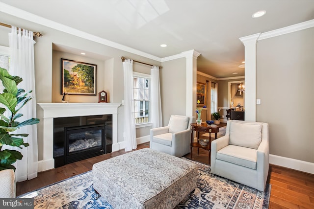 2371 N Edgewood St, Arlington, VA 22207 - living room with hardwood / wood-style floors, baseboards, recessed lighting, a glass covered fireplace, and crown molding