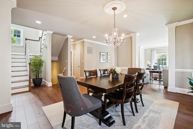 2371 N Edgewood St, Arlington, VA 22207 - dining area featuring ornamental molding, stairs, a chandelier, recessed lighting, and wood finished floors