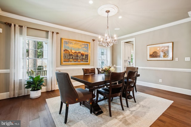 2371 N Edgewood St, Arlington, VA 22207 - dining space with a chandelier, wood finished floors, ornamental molding, baseboards, and recessed lighting