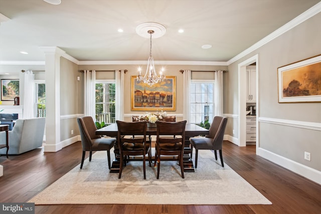 2371 N Edgewood St, Arlington, VA 22207 - dining room with dark wood-type flooring, a chandelier, baseboards, crown molding, and recessed lighting