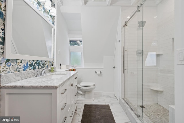 1202 W Wynnewood Rd Unit 1, Wynnewood, PA 19096 - full bathroom with vanity, a stall shower, toilet, and marble finish flooring