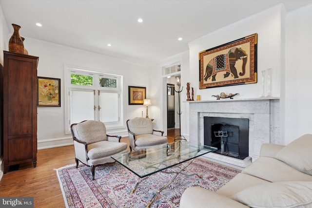 1202 W Wynnewood Rd Unit 1, Wynnewood, PA 19096 - living room featuring ornamental molding, light wood-style flooring, a fireplace, recessed lighting, and baseboards