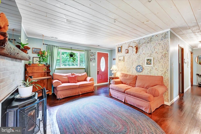 2122 Harkins Rd, Pylesville, MD 21132 - living area featuring crown molding, hardwood / wood-style floors, wooden ceiling, and baseboards