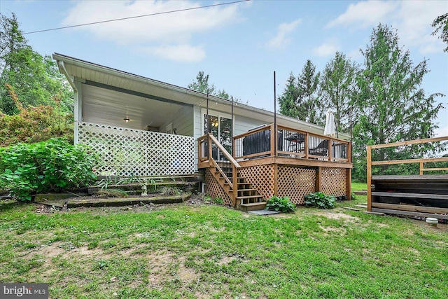 2122 Harkins Rd, Pylesville, MD 21132 - back of house with stairs, a lawn, and a wooden deck