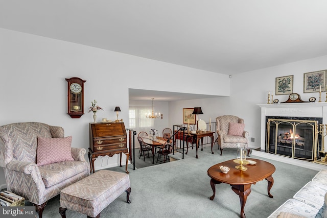 21 Kristin Way, Hamilton, NJ 08690 - living area featuring carpet floors, a chandelier, and a lit fireplace