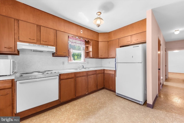 2138 Hill Rd, Perkiomenville, PA 18074 - kitchen featuring white appliances, under cabinet range hood, a sink, light flooring, and light countertops