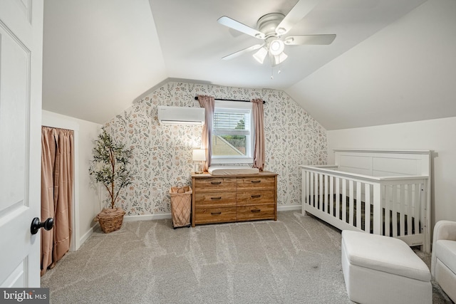 618 Ruth, Upper Chichester, PA 19014 - bedroom featuring a wall mounted air conditioner, vaulted ceiling, baseboards, carpet flooring, and wallpapered walls