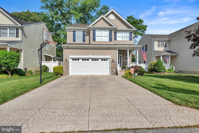 620 Cypress Ln, Severna Park, MD 21146 - view of front of house featuring concrete driveway, a porch, a garage, and stone siding