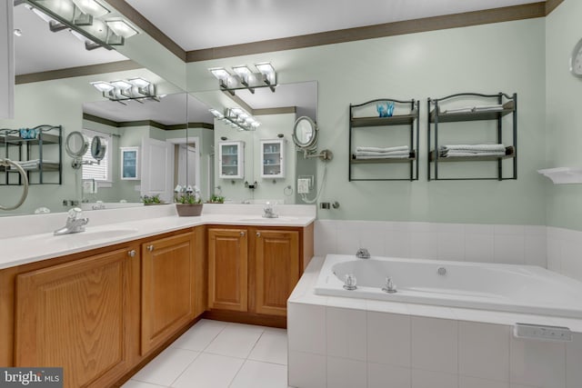 620 Cypress Ln, Severna Park, MD 21146 - bathroom featuring double vanity, a garden tub, tile patterned flooring, and crown molding