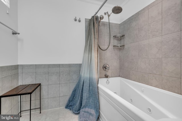 620 Cypress Ln, Severna Park, MD 21146 - full bath featuring tile walls, crown molding, a combined bath / shower with jetted tub, and tile patterned flooring