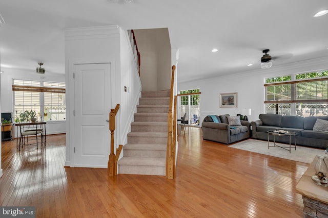 620 Cypress Ln, Severna Park, MD 21146 - living area with hardwood / wood-style flooring, ceiling fan, stairway, crown molding, and recessed lighting