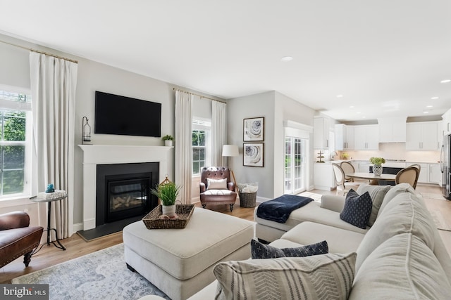 2638 Hollow View Dr, Easton, PA 18040 - living area featuring light wood finished floors, a glass covered fireplace, and recessed lighting