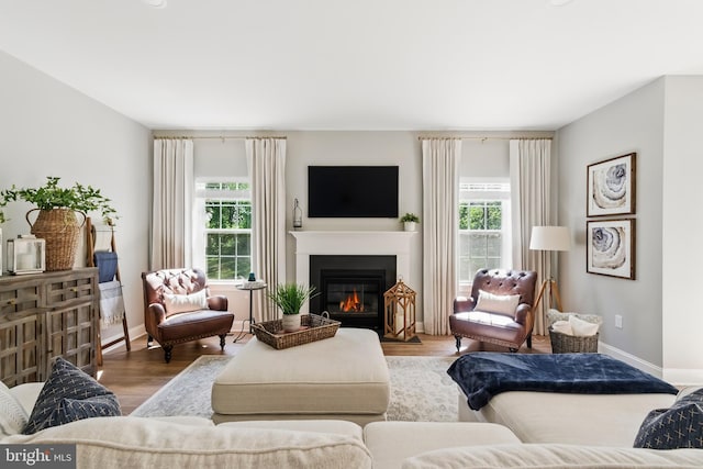 2638 Hollow View Dr, Easton, PA 18040 - living area featuring plenty of natural light, wood finished floors, baseboards, and a fireplace with flush hearth