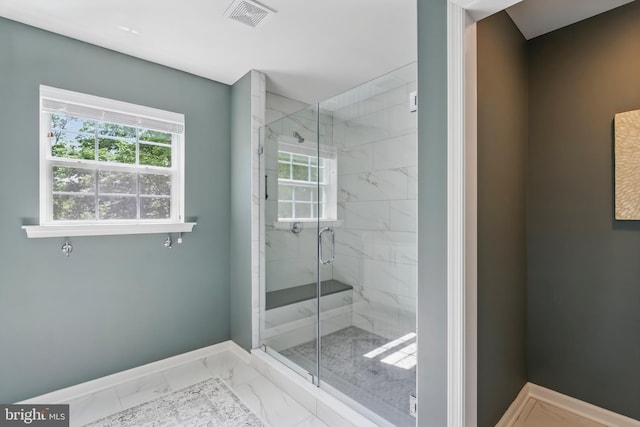 2638 Hollow View Dr, Easton, PA 18040 - bathroom featuring marble look tile flooring, baseboards, and a marble finish shower