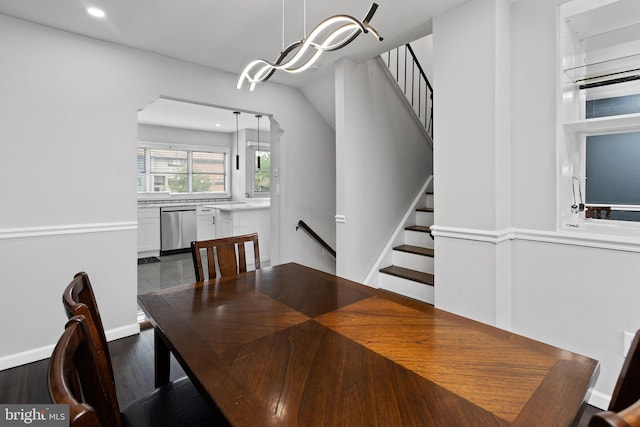 372 Irvington Pl, East Windsor, NJ 08520 - dining room with recessed lighting, dark wood finished floors, stairway, and baseboards