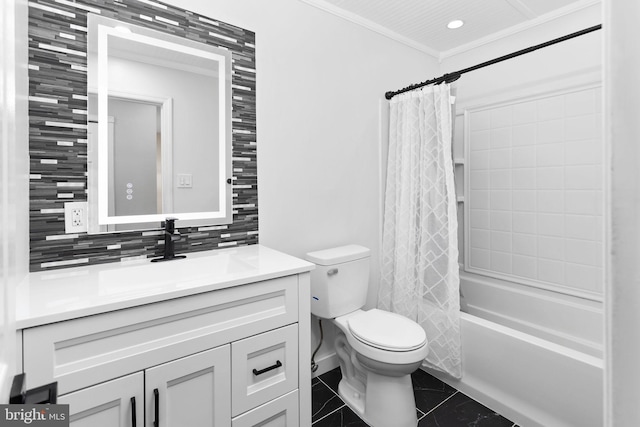 372 Irvington Pl, East Windsor, NJ 08520 - full bathroom with vanity, toilet, decorative backsplash, shower / tub combo with curtain, and crown molding