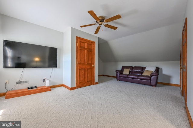 665 Bayard Rd, Lothian, MD 20711 - living room with baseboards, carpet floors, ceiling fan, and vaulted ceiling