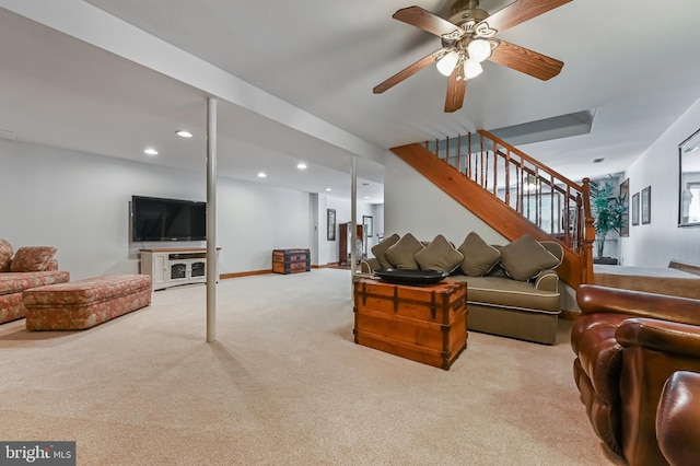665 Bayard Rd, Lothian, MD 20711 - living room featuring carpet floors, stairs, a ceiling fan, and recessed lighting