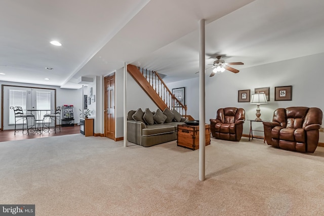 665 Bayard Rd, Lothian, MD 20711 - carpeted living area with stairway, ceiling fan, recessed lighting, and baseboards
