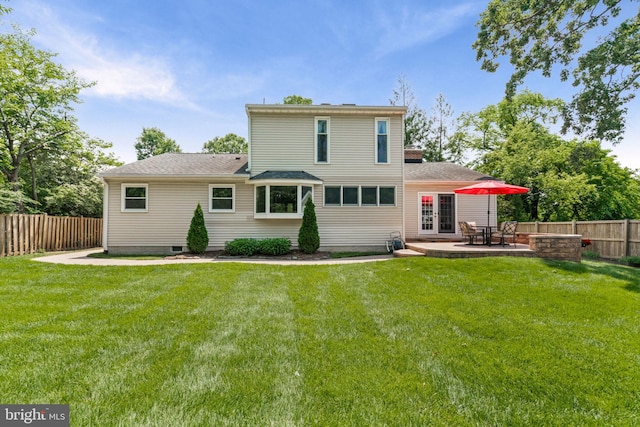 6188 Cobbs Rd, Alexandria, VA 22310 - rear view of house with a patio, roof with shingles, crawl space, and french doors