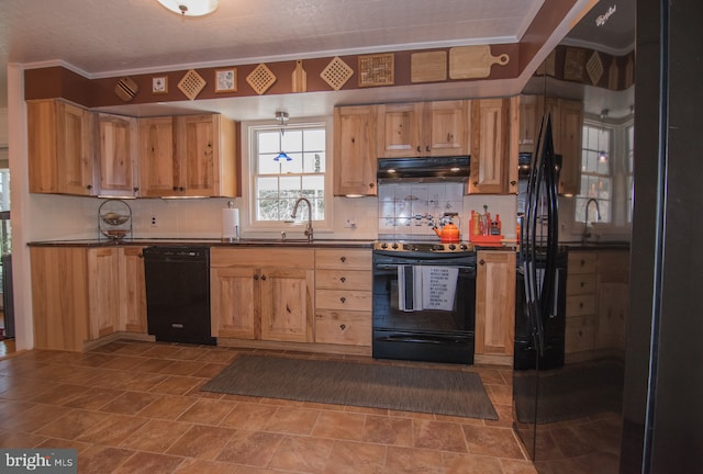 65 White Bark Dr, Middletown, DE 19709 - kitchen with black appliances, under cabinet range hood, backsplash, and dark countertops