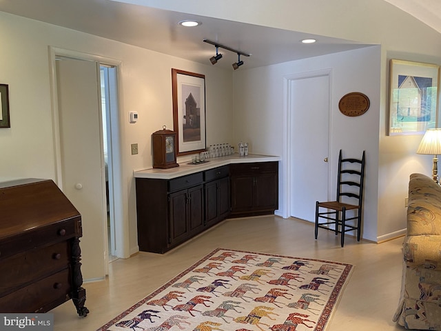 108 Wright St SE, Frostburg, MD 21532 - kitchen with light countertops, recessed lighting, light flooring, track lighting, and dark cabinetry