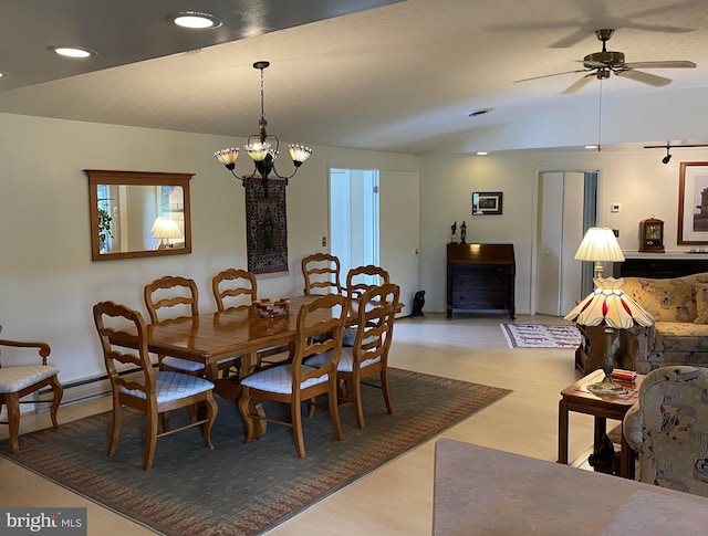 108 Wright St SE, Frostburg, MD 21532 - dining space with wood finished floors, vaulted ceiling, baseboards, recessed lighting, and ceiling fan