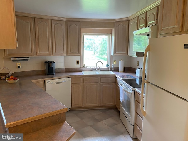 108 Wright St SE, Frostburg, MD 21532 - kitchen featuring white appliances, a sink, decorative backsplash, light brown cabinets, and light floors