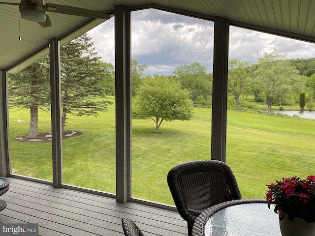 108 Wright St SE, Frostburg, MD 21532 - sunroom / solarium featuring a water view, ceiling fan, and lofted ceiling