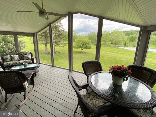 108 Wright St SE, Frostburg, MD 21532 - sunroom with a water view, vaulted ceiling, ceiling fan, outdoor lounge area, and outdoor dining area