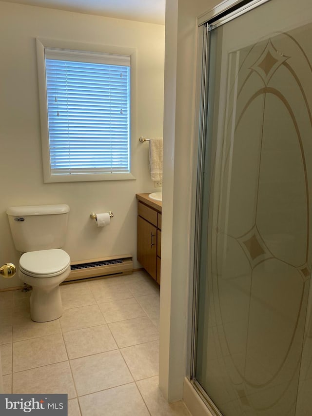 108 Wright St SE, Frostburg, MD 21532 - full bath featuring baseboard heating, vanity, toilet, a stall shower, and tile patterned flooring