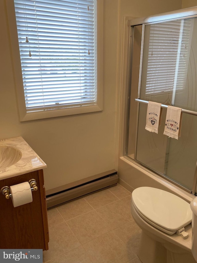 108 Wright St SE, Frostburg, MD 21532 - full bathroom featuring baseboard heating, a shower with shower door, toilet, vanity, and tile patterned flooring