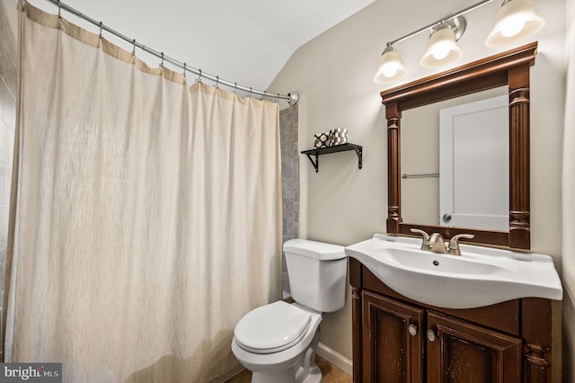 602 Braxton Rd, Ridley Park, PA 19078 - bathroom featuring toilet, lofted ceiling, vanity, and a shower with curtain