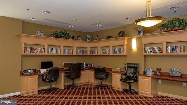 8145 Cyprus Cedar Ln Unit C, Ellicott City, MD 21043 - office area featuring built in desk, dark colored carpet, baseboards, and recessed lighting