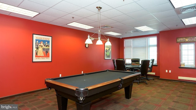 8145 Cyprus Cedar Ln Unit C, Ellicott City, MD 21043 - recreation room featuring a paneled ceiling, carpet floors, baseboards, billiards table, and baseboard heating