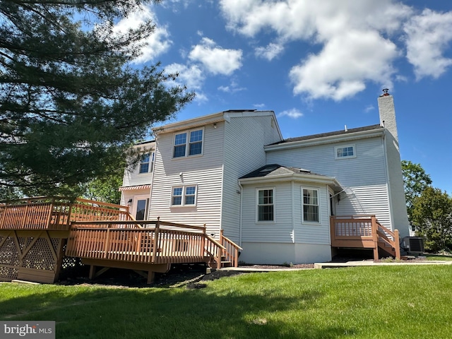 55 W Windrose Dr, Richboro, PA 18954 - back of house with a wooden deck, a chimney, central air condition unit, and a yard