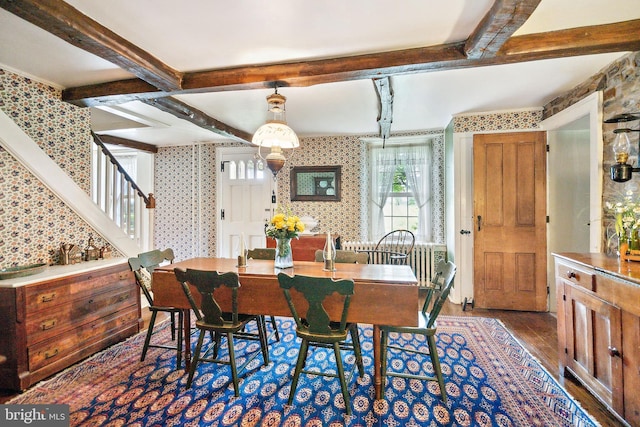 1132 Upper Stump Rd, Chalfont, PA 18914 - dining space featuring wallpapered walls, wood finished floors, stairs, and beam ceiling