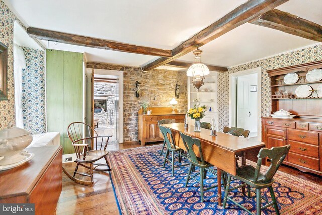 1132 Upper Stump Rd, Chalfont, PA 18914 - dining room featuring wood finished floors, beamed ceiling, and wallpapered walls