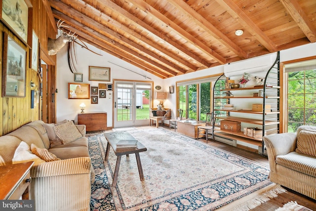 1132 Upper Stump Rd, Chalfont, PA 18914 - living room featuring healthy amount of natural light, wood finished floors, a wall mounted air conditioner, wooden ceiling with exposed beams, and high vaulted ceiling
