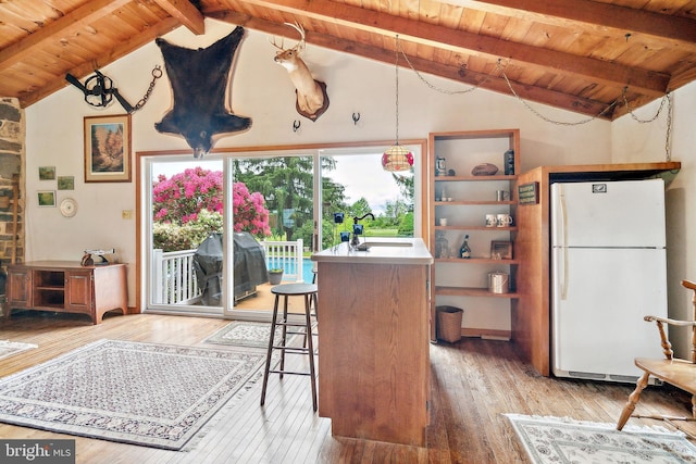 1132 Upper Stump Rd, Chalfont, PA 18914 - kitchen featuring freestanding refrigerator, wood ceiling with exposed beams, light wood-type flooring, high vaulted ceiling, and open shelves