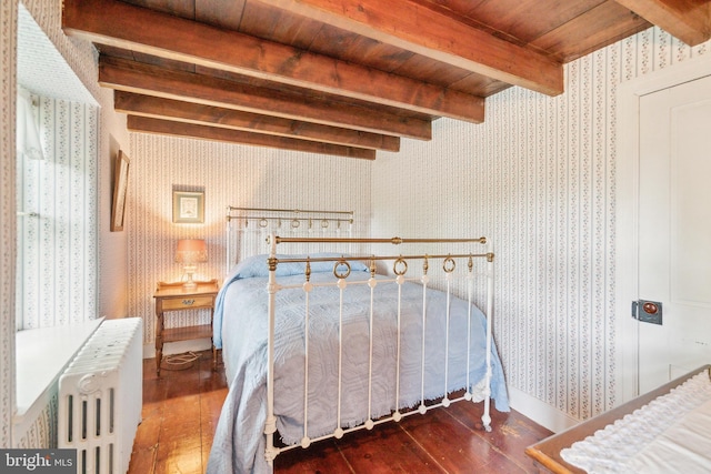1132 Upper Stump Rd, Chalfont, PA 18914 - bedroom with radiator, wallpapered walls, wood-type flooring, and wood ceiling with exposed beams