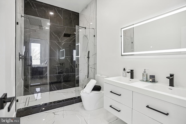 611 Kennedy St NW Unit 402, Washington, DC 20011 - full bath featuring a marble finish shower, toilet, double vanity, and marble finish flooring
