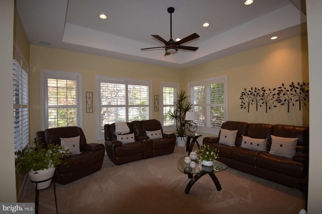 35517 Bonaire Dr, Rehoboth Beach, DE 19971 - carpeted living area with a ceiling fan, recessed lighting, and a tray ceiling