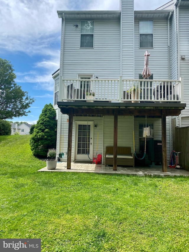 321 Quilting Way, Bel Air, MD 21015 - rear view of house featuring a patio area, a lawn, a wooden deck, and a chimney