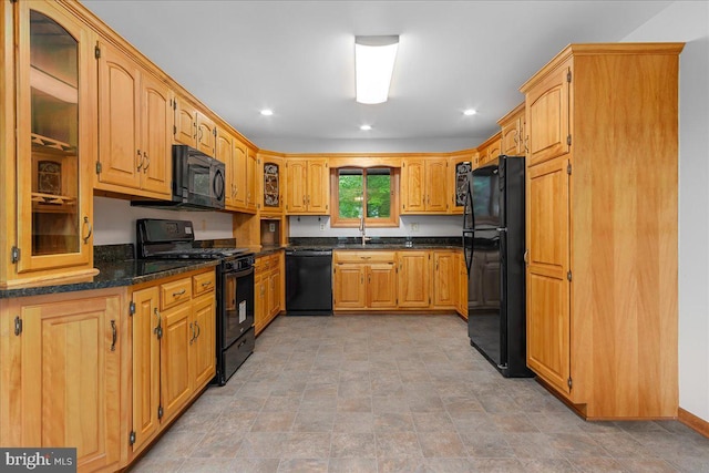 12549 Jesse Smith Rd, Mount Airy, MD 21771 - kitchen featuring black appliances, a sink, stone finish floors, glass insert cabinets, and recessed lighting