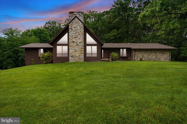 12549 Jesse Smith Rd, Mount Airy, MD 21771 - view of front facade featuring a chimney, a lawn, and stone siding